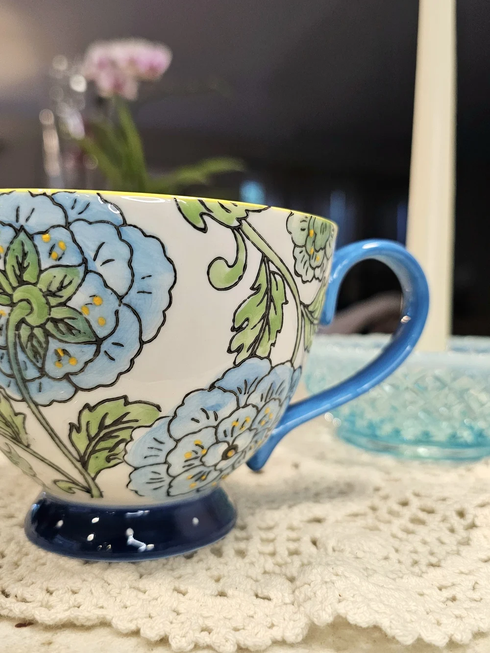 Blue Handpainted Floral Ceramuc Mug Pedestal Base Garden Teacup Special Moments